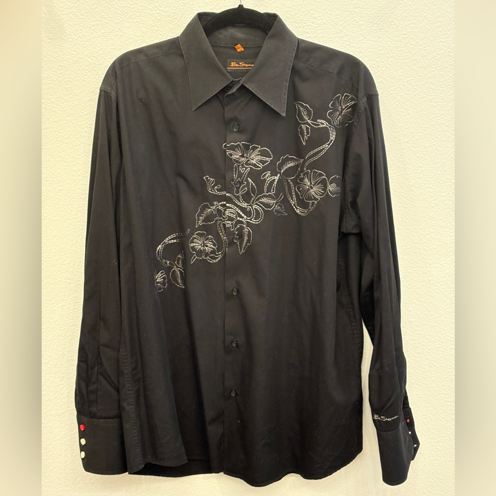 Ben Sherman Black Embroidered Men's Button Up Dress Shirt